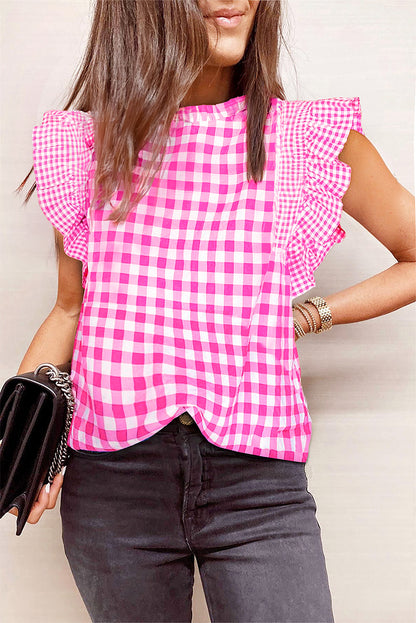 Black Checkered Ruffled Trim Frilled Neck Blouse