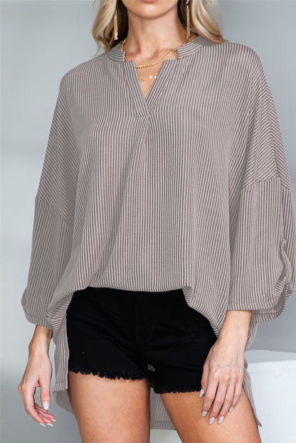 Grey V Neck Drop Sleeve Ribbed Top