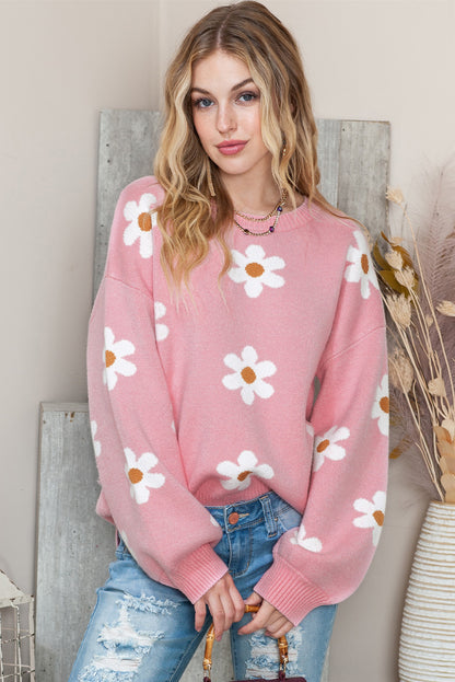 Pink Floral Pattern Drop Shoulder Pullover Knit Sweater