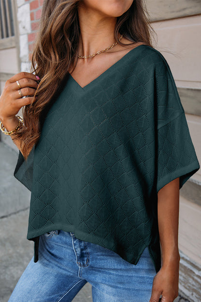 Blackish Green V Neck Knitted Flowy Blouse