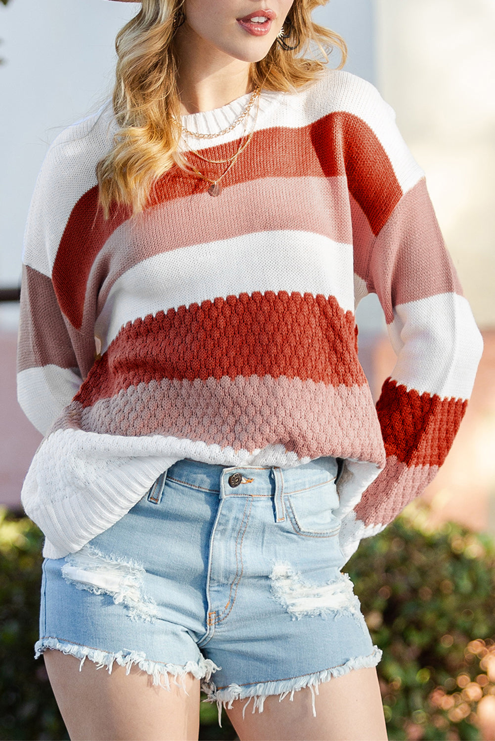 Red Striped Colorblock Drop Sleeve Knitted Sweater