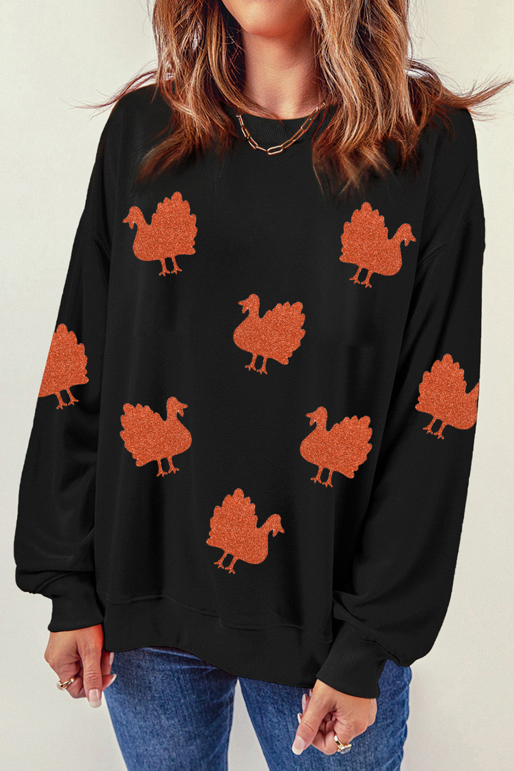 Black Glittering Turkey Graphic Drop Shoulder Thanksgiving Sweatshirt