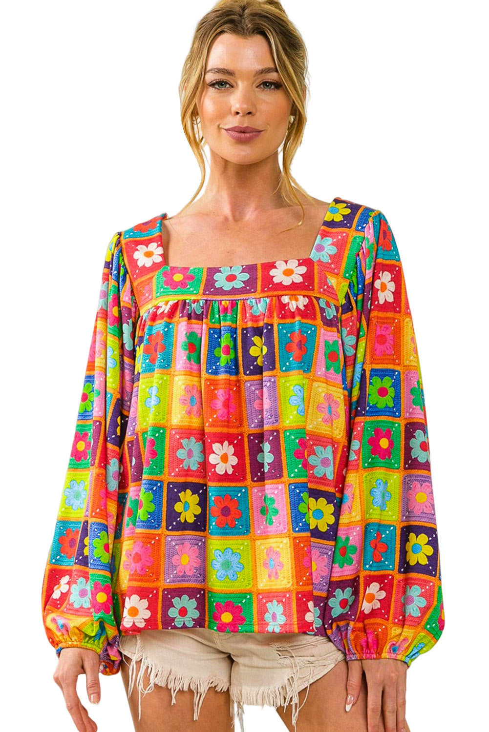 Multicolor Flower Pattern Lantern Sleeve Square Neck Top