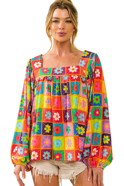 Multicolor Flower Pattern Lantern Sleeve Square Neck Top