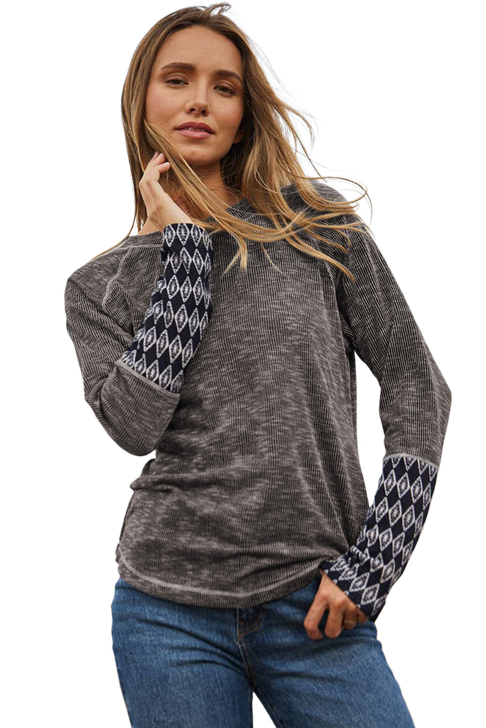 Gray Ribbed Casual Geometric Patchwork Long Sleeve Top