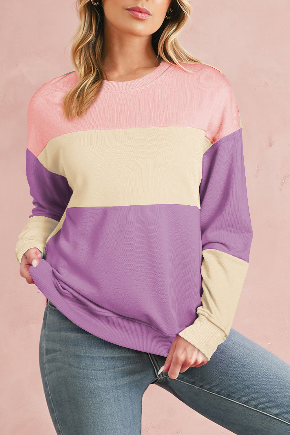 Bright Pink Colorblock Drop Shoulder Sweatshirt