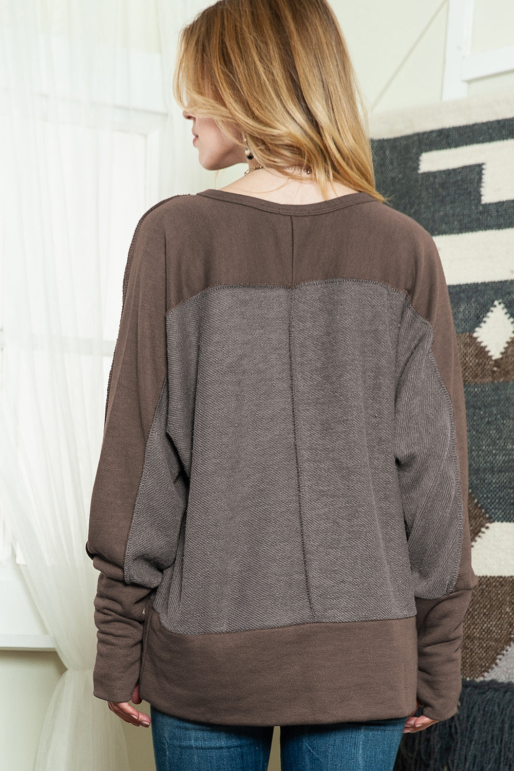 Brown Patchwork Split V Neck Thumblehole Sleeve Top