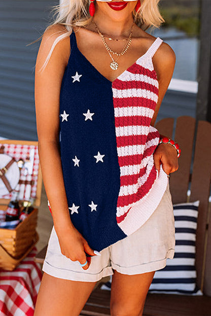 Red Stars & Stripes Flag Pattern Patchwork Knit Tank Top