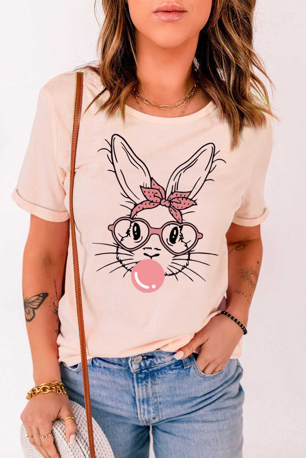 Pink Easter Day Bunny Graphic Crew Neck Tee