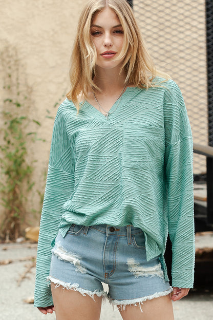 Green Textured Split V Neck Long Sleeve Top