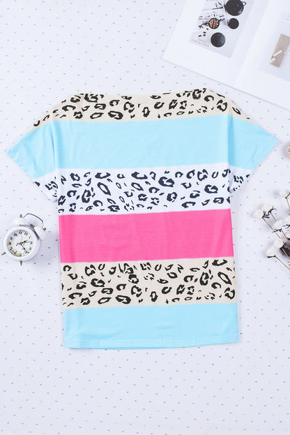 Leopard Stripes Color Block Boat Neck Tee