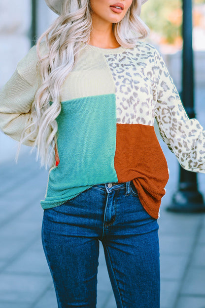 Rosy Leopard Patchwork Color Block Ribbed Long Sleeve Top