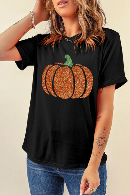 Black Halloween Glittering Pumpkin Graphic T Shirt