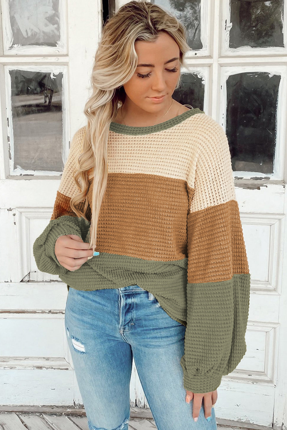 Green Knitted Color Block Drop Sleeve Baggy Top