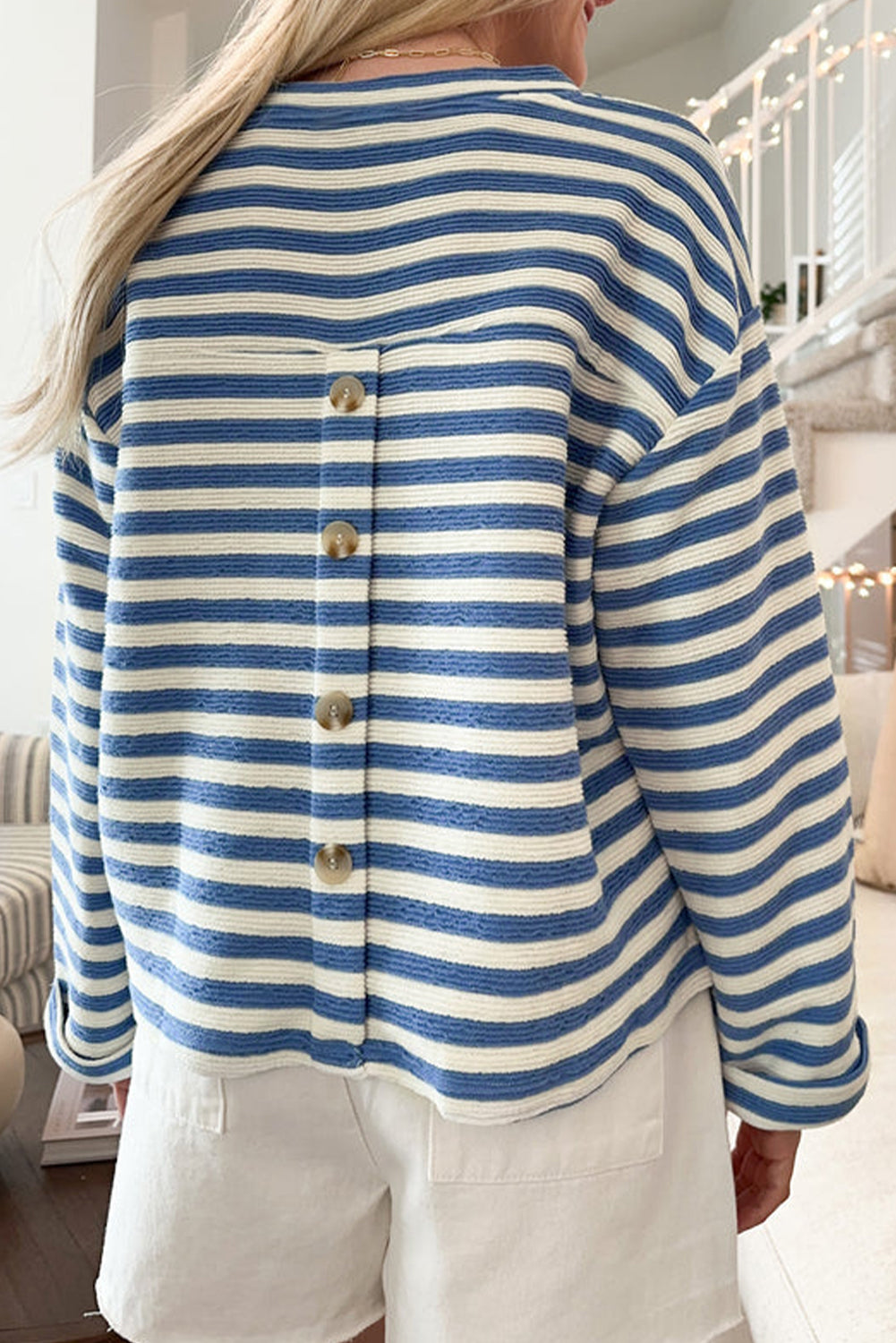 Sky Blue Stripe Pocket Buttoned Back Notched V Neck Top