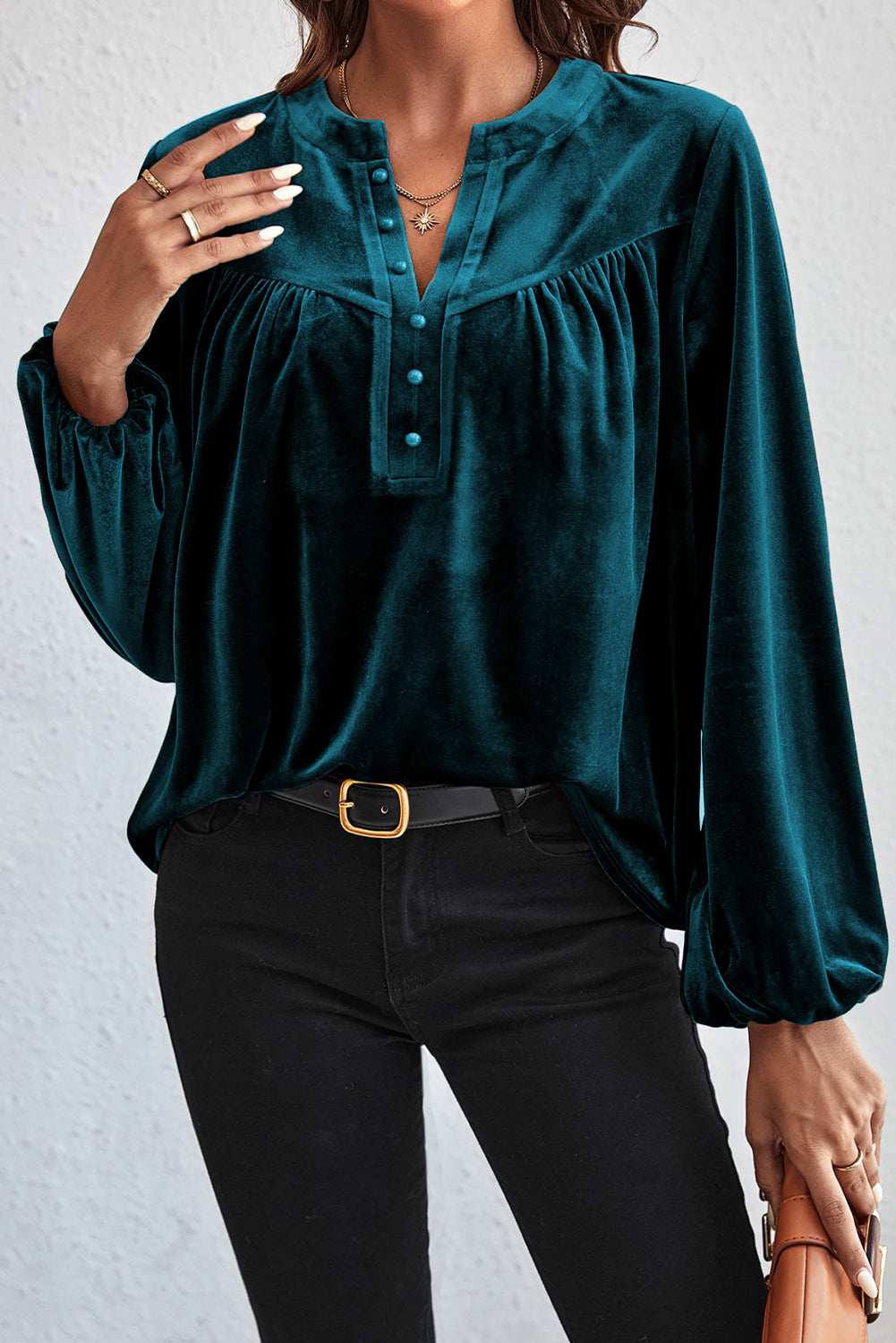 Skobeloff Velvet Henley Beaded Lantern Sleeve Top