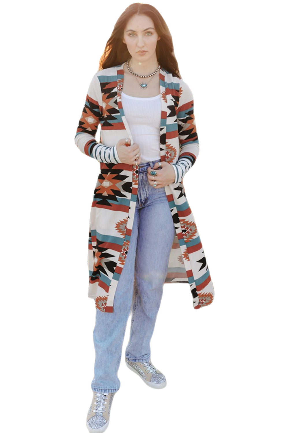 Multicolor Striped Cuffs Geometric Print Color Block Long Cardigan