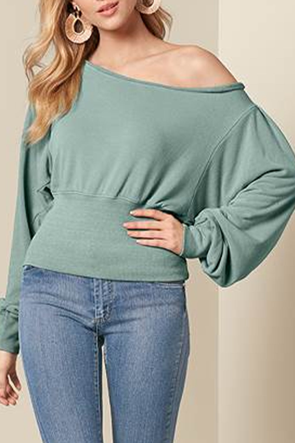 Green Solid Color Boat Neck Puff Sleeve Top