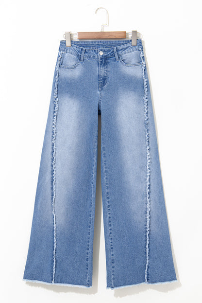 Beau Blue Vintage Stitching Raw Hem Flared Jeans