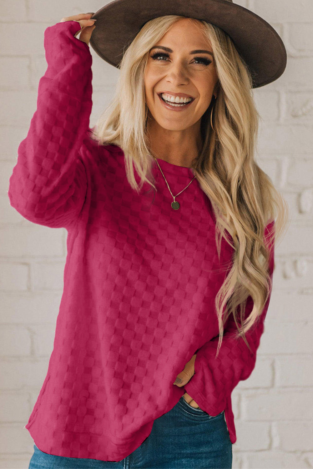 Rose Red Checkered Furry Thumbhole Long Sleeve Top