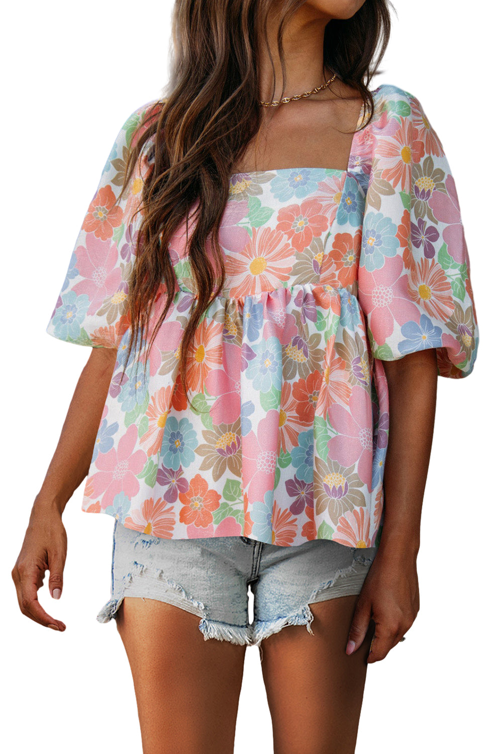 Pink Floral Puff Sleeve Babydoll Blouse