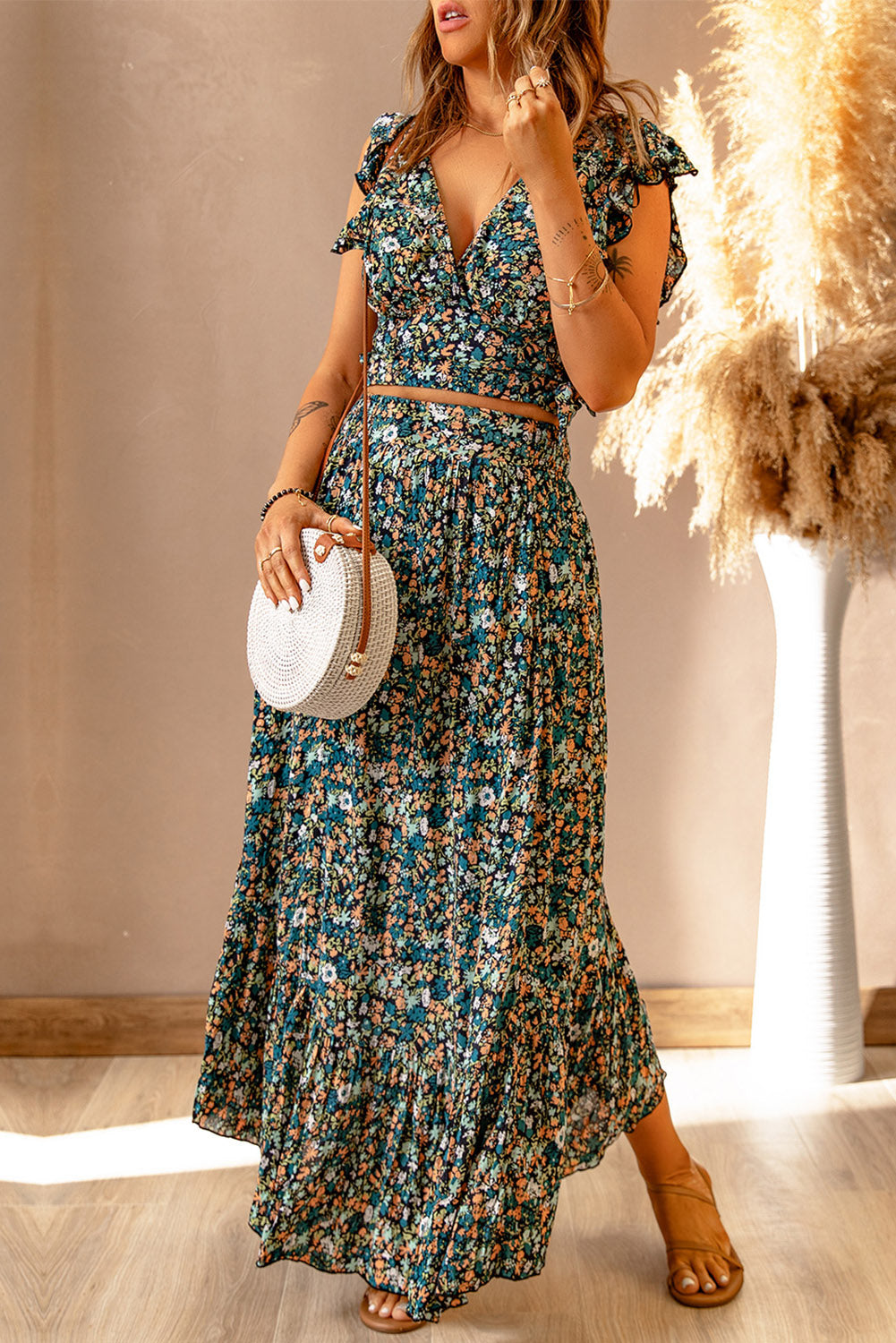 Ditsy Floral Print Ruffled Crop Top & Flounce Hem Maxi Skirt Set