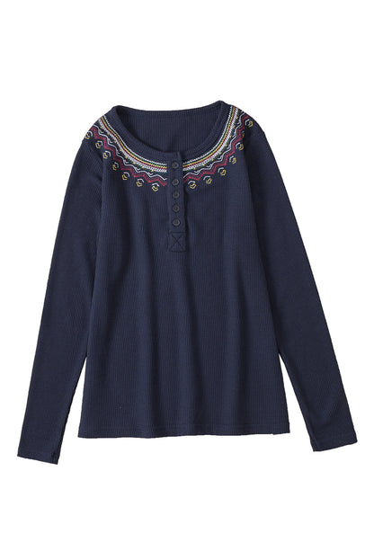 Navy Blue Casual Embroidered Round Neck Waffle Henley Top