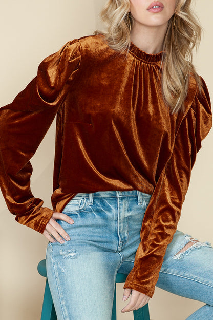 Chestnut Velvet Frilled Neck Ruched Puff Sleeve Top