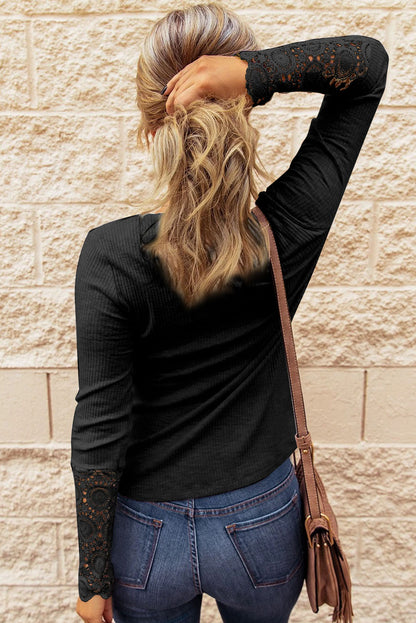 Black Ribbed Lace Crochet Long Sleeve Henley Shirt