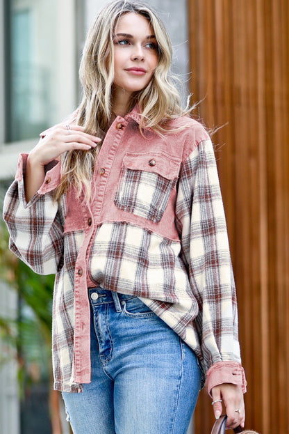 Brown Casual Plaid Colorblock Button Down Shacket