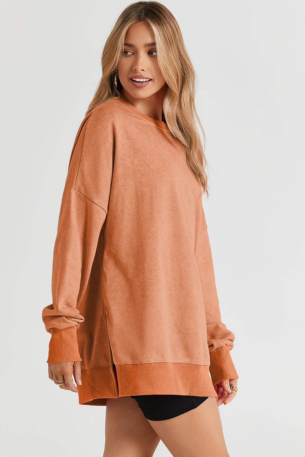 Pink Plain Drop Shoulder Trim Oversized Sweatshirt