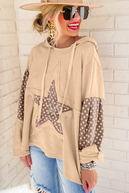 Apricot Floral Patchwork Star Pattern Drawstring Hoodie