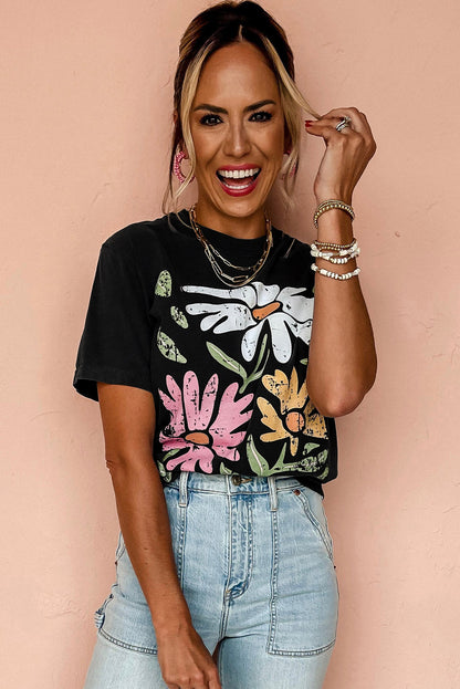 Black Casual Retro Floral Graphic Crew Neck T Shirt