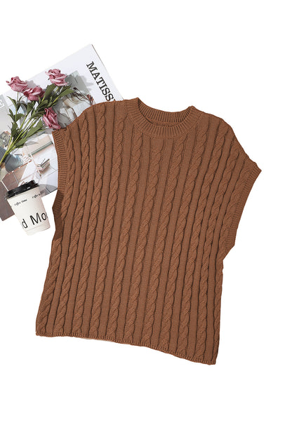 Gray Solid Cable Knit Short Sleeve Roun Neck Sweater