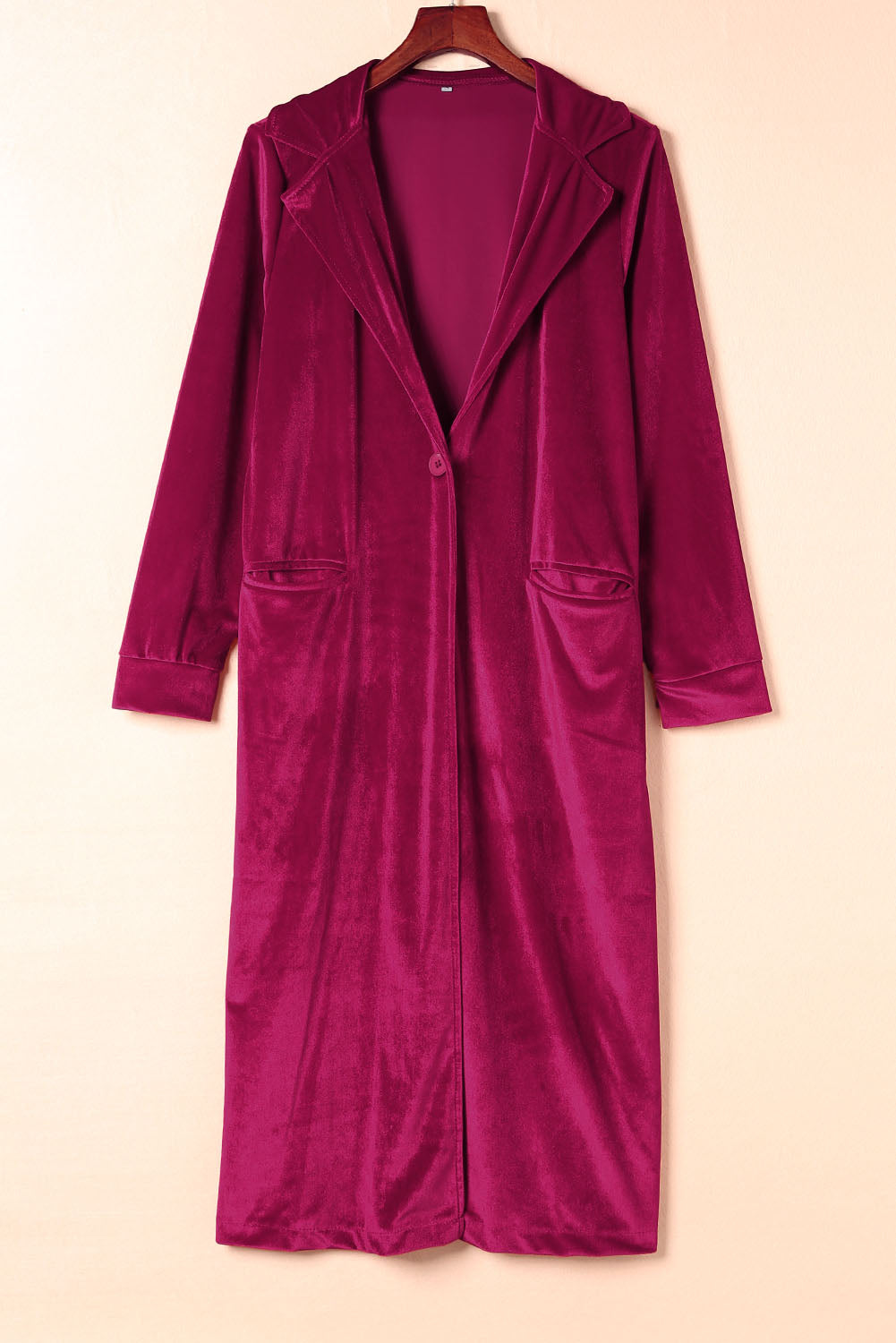 Red Casual Velvet Lapel Pocket Long Coat