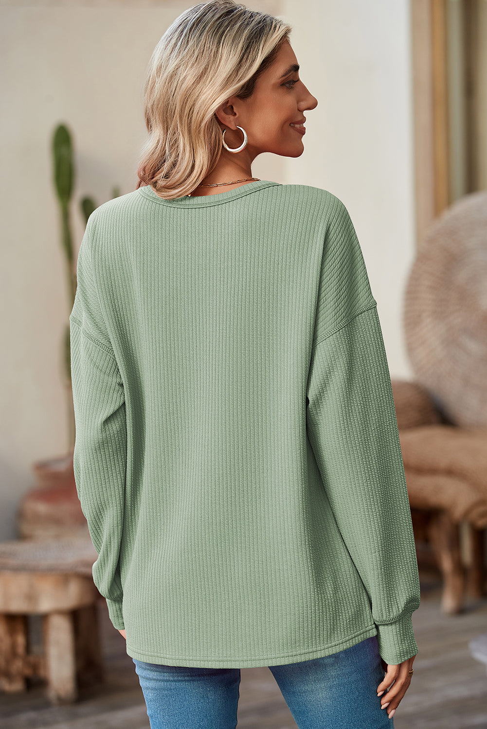 Clearly Aqua Pocketed Ribbed Long Sleeve Top