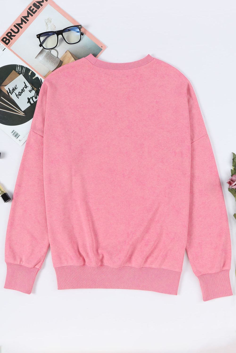 Pink Plain Drop Shoulder Trim Oversized Sweatshirt