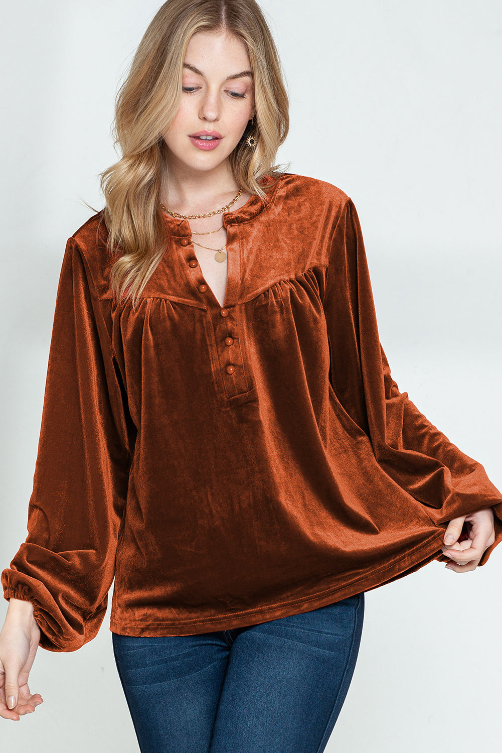 Skobeloff Velvet Henley Beaded Lantern Sleeve Top