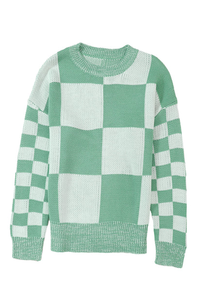 Mint Green Plaid Knitted Drop Shoulder Sweater