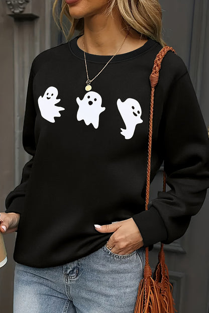 Black Halloween Ghost Print Round Neck Sweatshirt