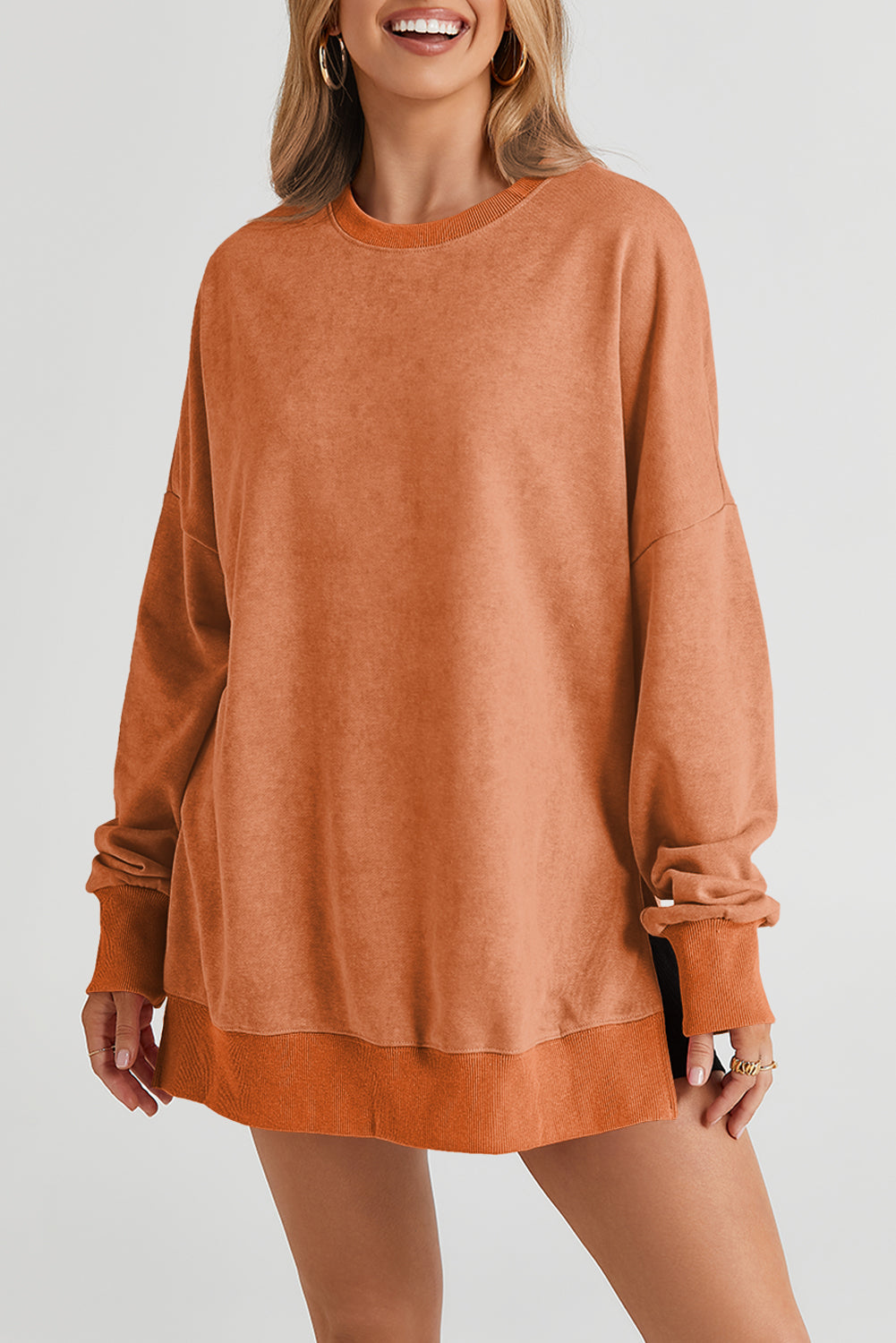 Pink Plain Drop Shoulder Trim Oversized Sweatshirt