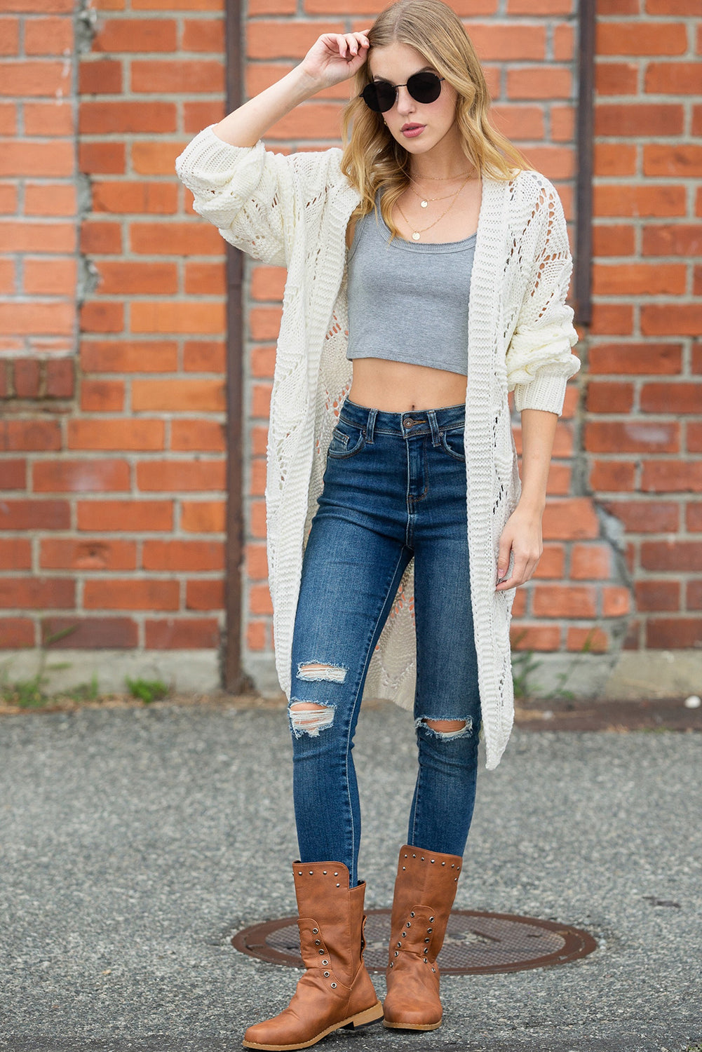 White Crochet Knit Hollowed Open Front Cardigan