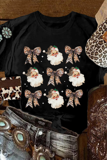 White Santa Claus Leopard Bow Print Crew Neck Graphic T Shirt