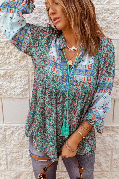 Floral Print Split V Neck Puff Sleeve Tunic Top