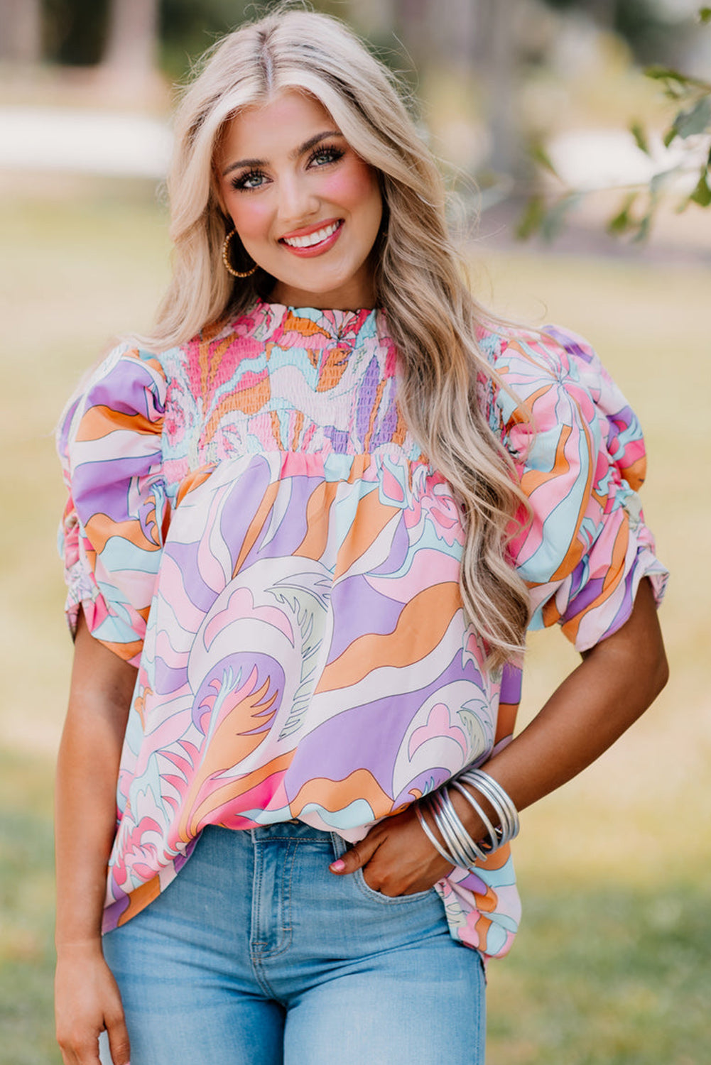 Pink Abstract Print Smocked Bubble Sleeve Blouse