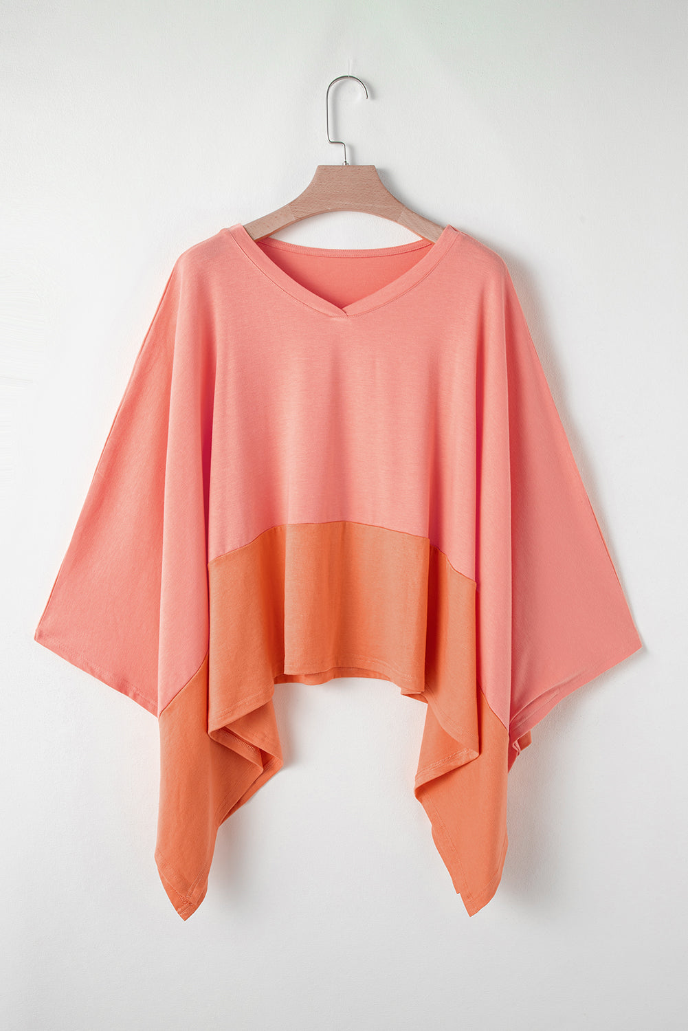 Grapefruit Orange Colorblock V Neck Slits Oversized Top