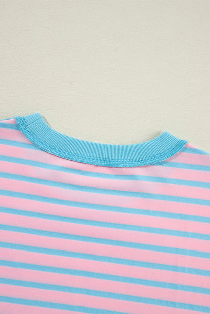 Sky Blue Stripe Contrast Trim High Low Tunic Sweatshirt