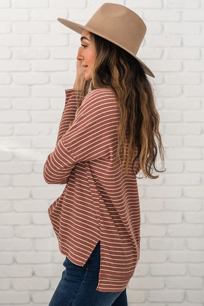 Stripe Side Slits Stitching Patchwork Long Sleeve Top