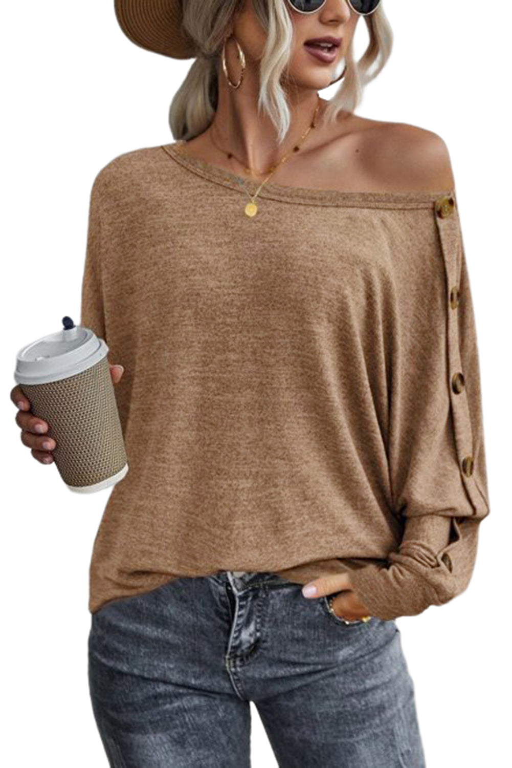 Gray Solid Color Button Decor Dolman Sleeve Top