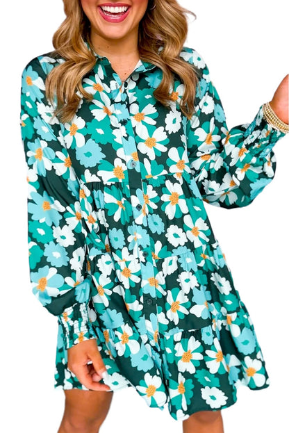 Blackish Green Flower Print Smocked Cuffs Tiered Mini Dress